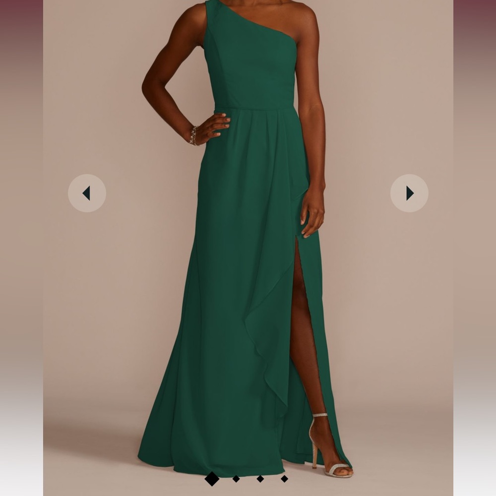 David’s Bridal chiffon one-shoulder bridesmaid dress with cascade